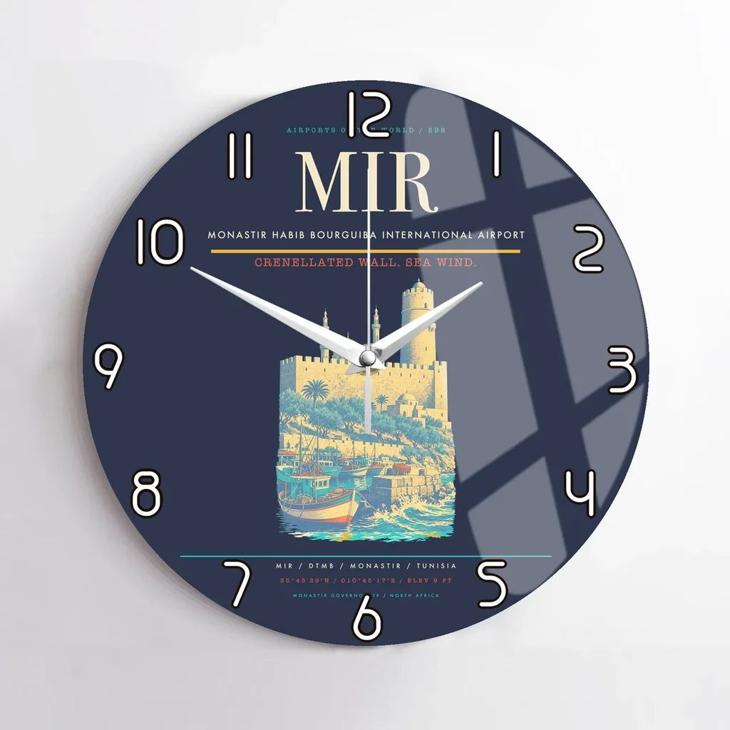 Monastir Habib Bourguiba International Airport (MIR) design on navy blue no frame wall clock