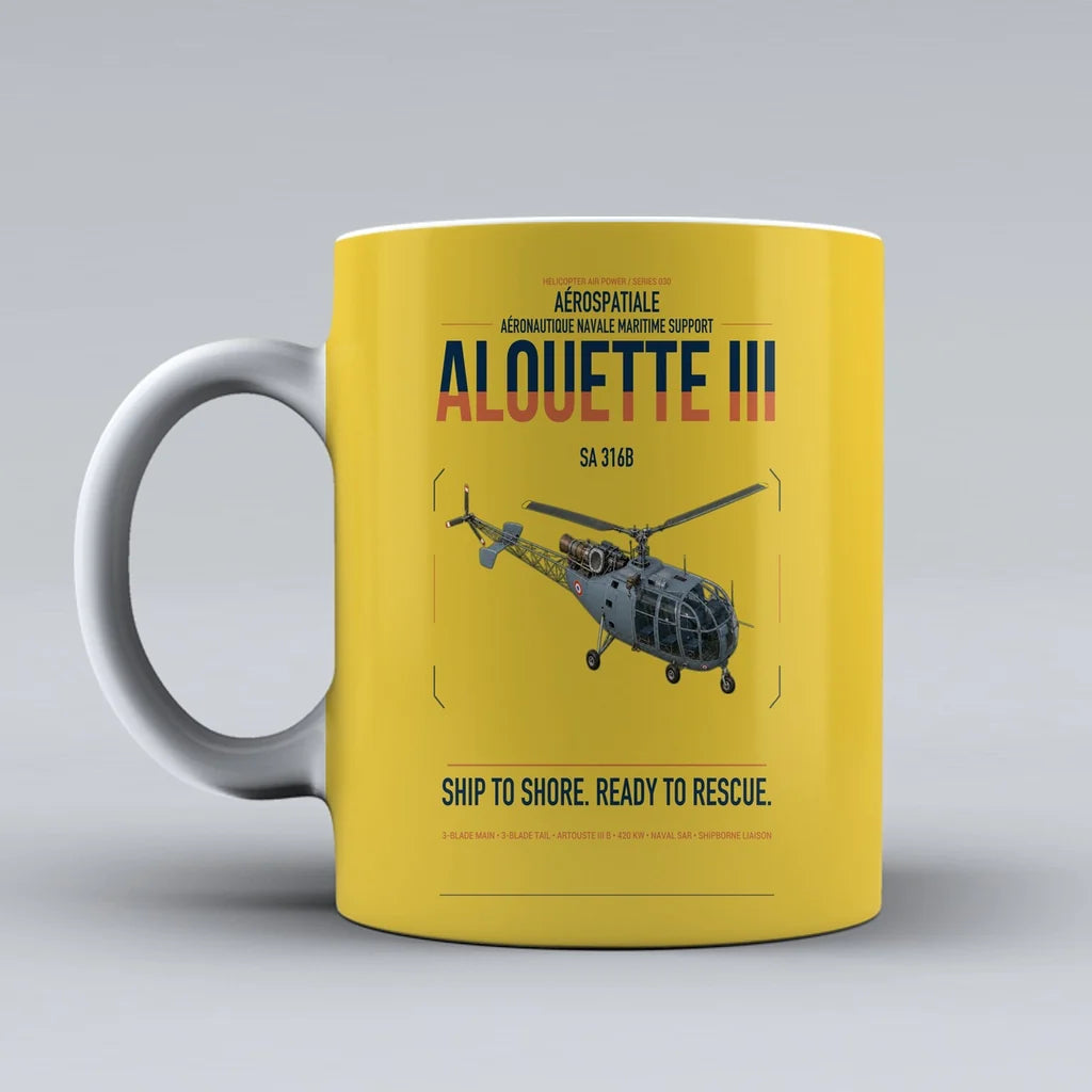 Aérospatiale SA 316B Alouette III design on yellow ceramic mug, double-side print