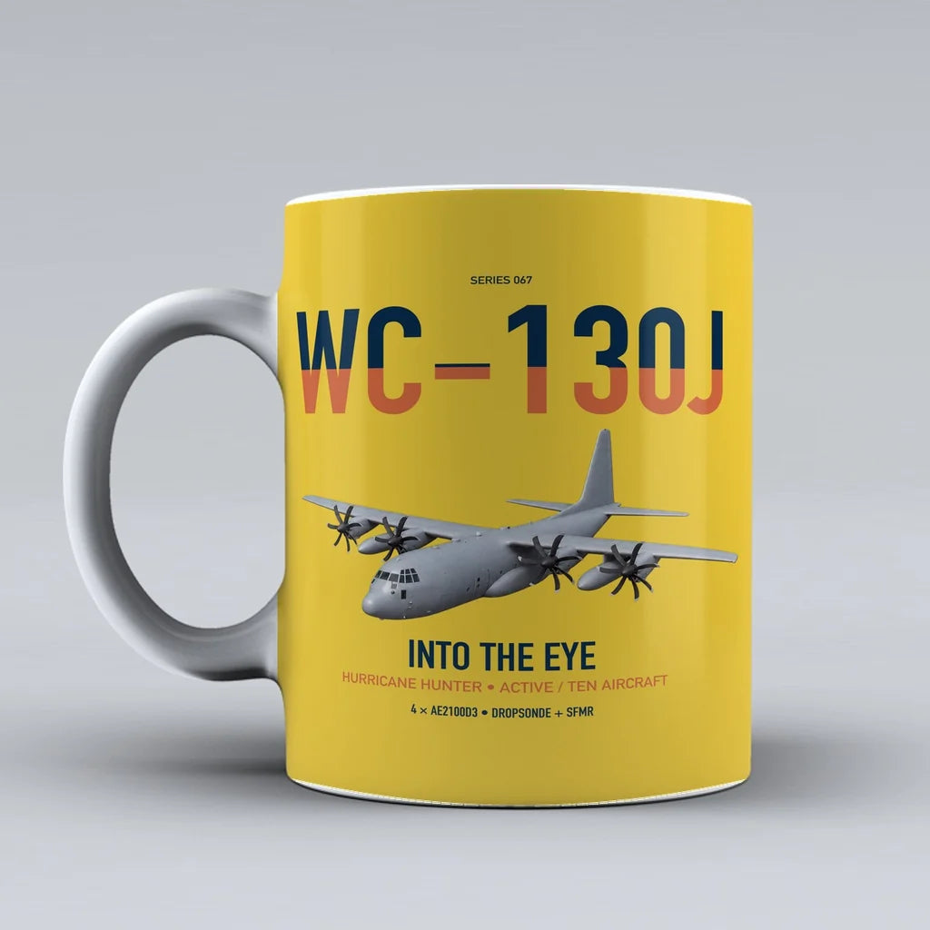 WC-130J Hurricane Hunter design on yellow ceramic mug, double-side print