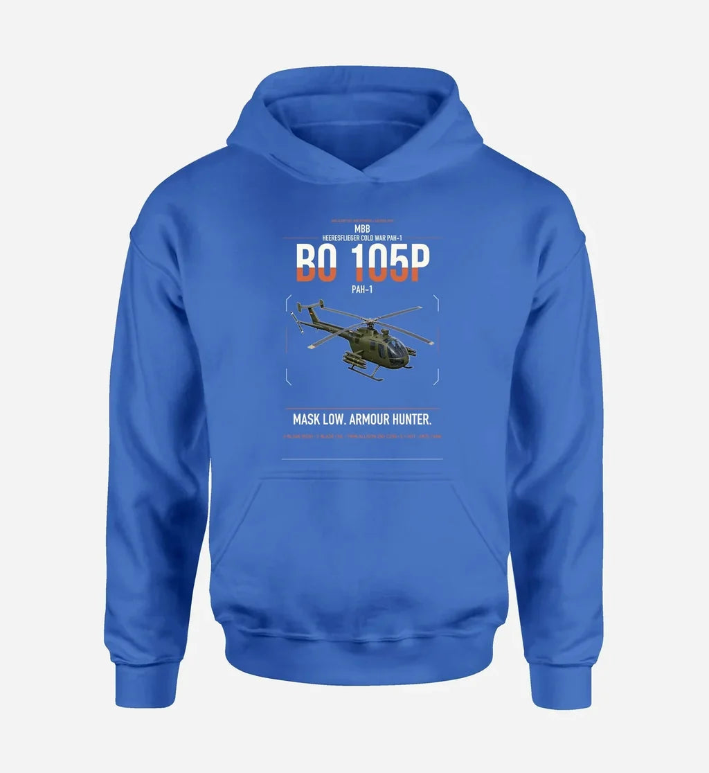 MBB BO 105P PAH-1 design on blue double-side hoodie, single-side print