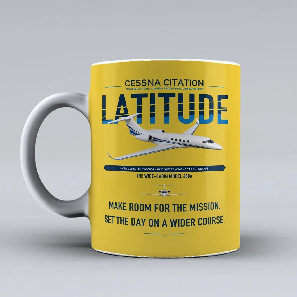 Cessna Citation Latitude design on yellow ceramic mug, double-side print