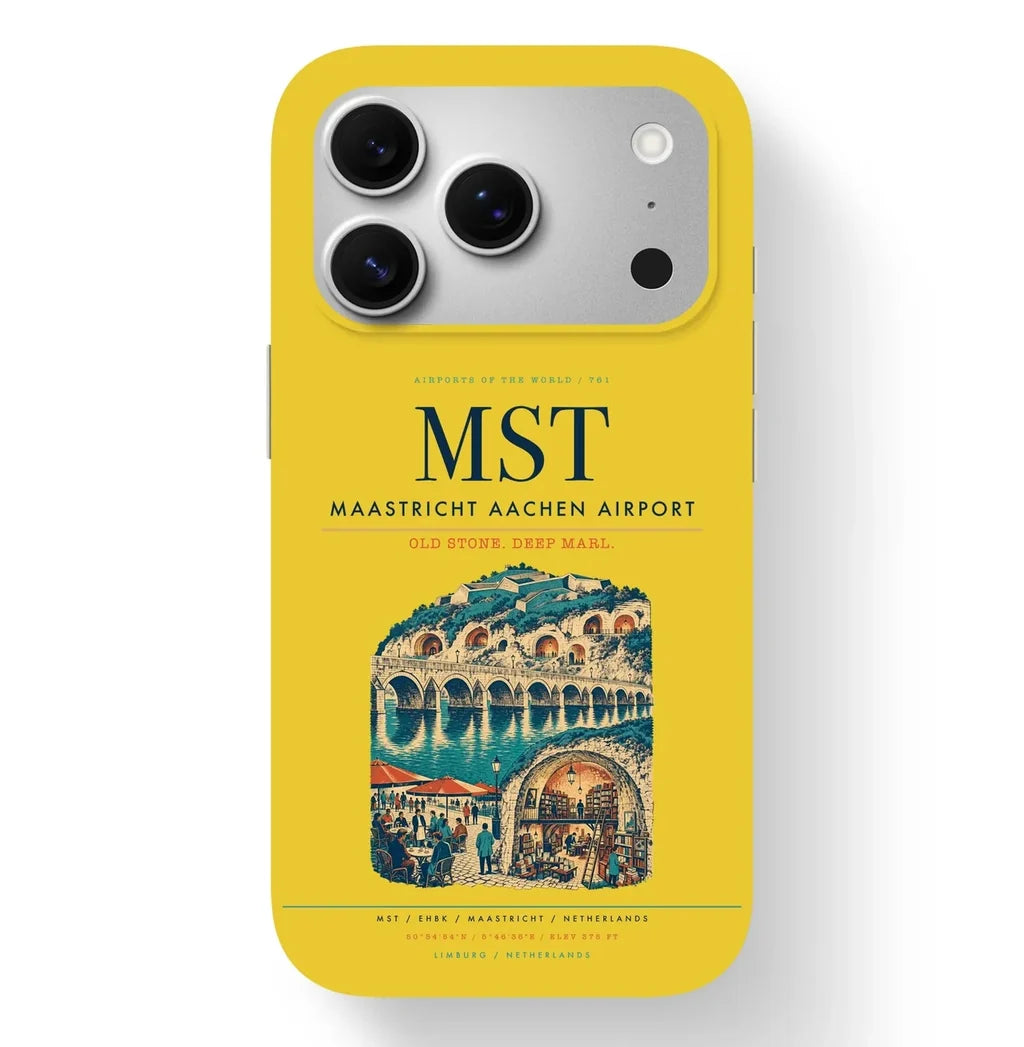 Maastricht Airport (MST) design on yellow iPhone 17 Pro MagSafe case