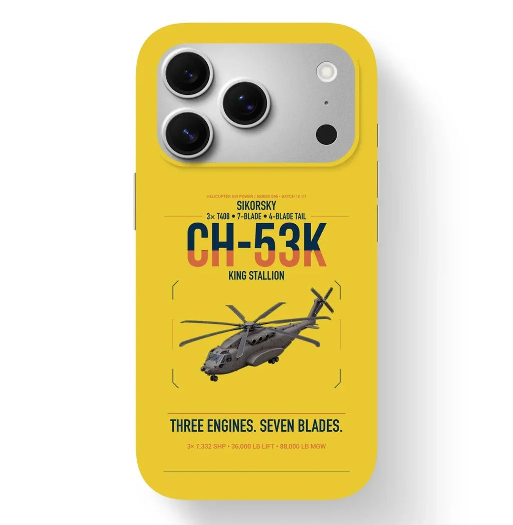 Sikorsky CH-53K King Stallion design on yellow magsafe iphone case, for iPhone 17 Pro