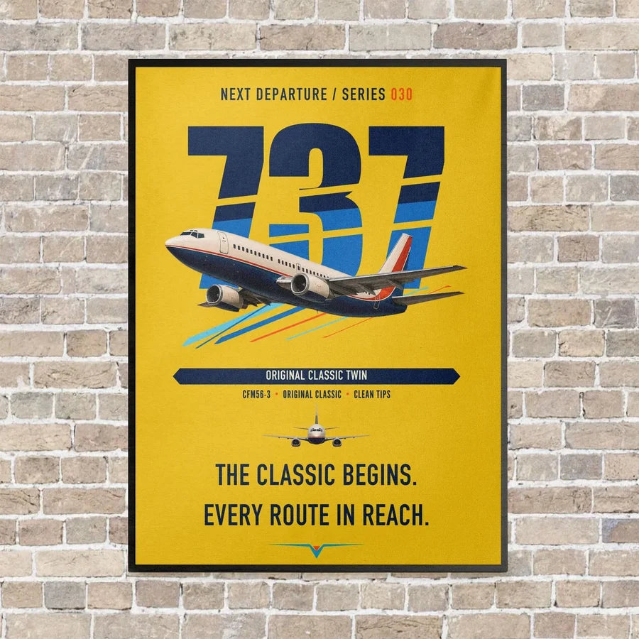 Boeing 737-300 Classic vertical canvas print - framed - yellow background