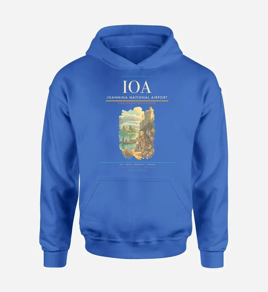Ioannina National Airport (IOA) design on blue hoodie single-side print