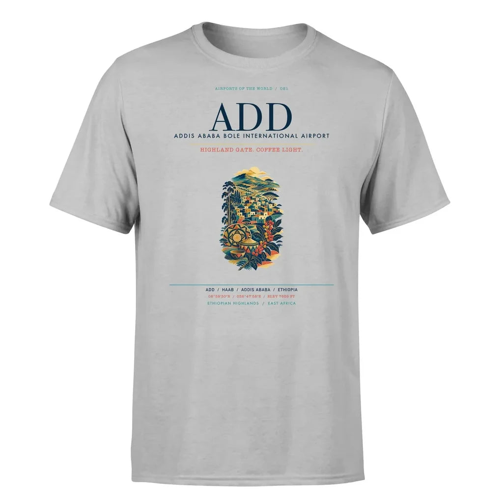 Addis Ababa Airport (ADD) T-Shirt single-side front print in Light Gray | addis-ababa-add-airport-double-side-t-shirt