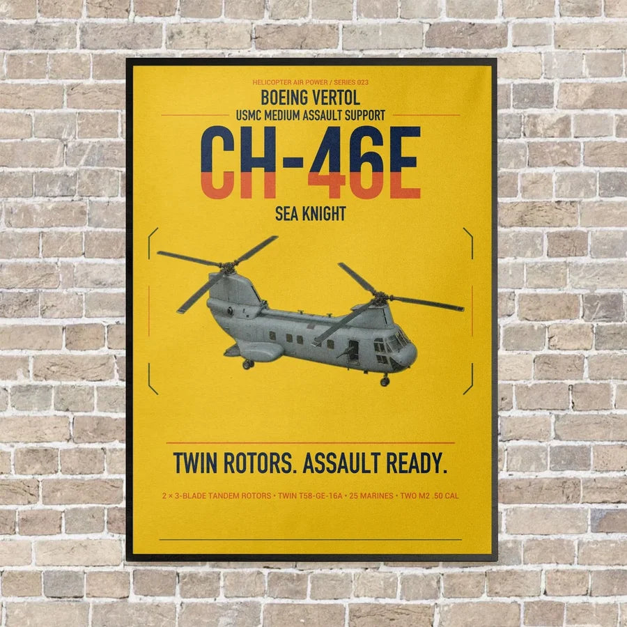 Boeing Vertol CH-46E Sea Knight vertical canvas print - framed - yellow background