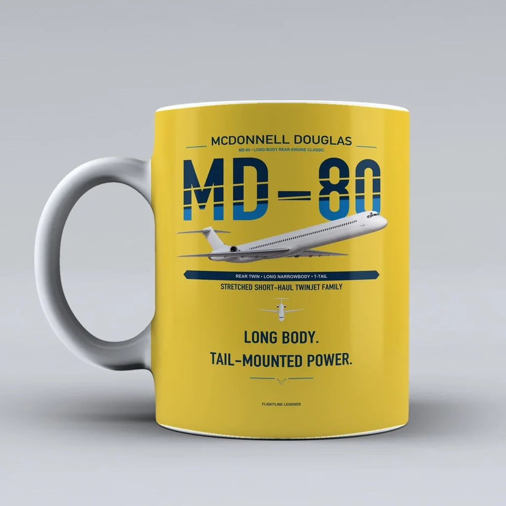McDonnell Douglas MD-80 design on yellow ceramic mug, double-side print