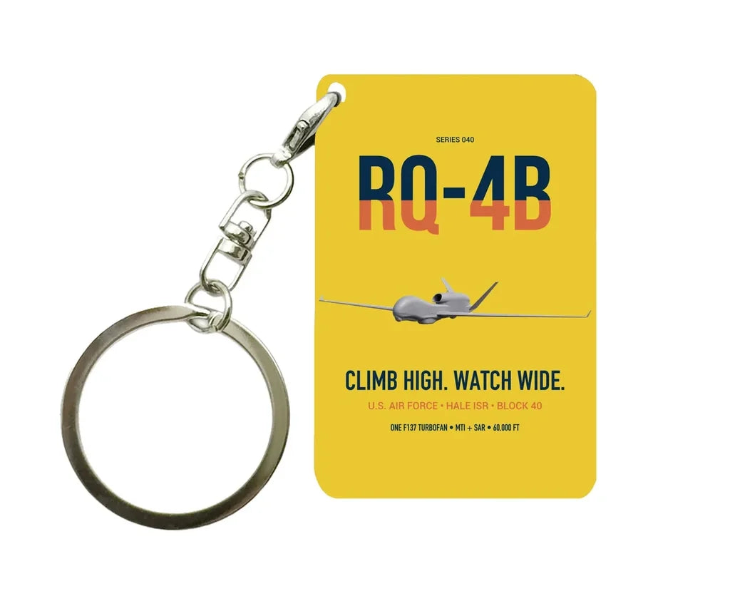 RQ-4B Global Hawk design on yellow designed key chain, double-side print