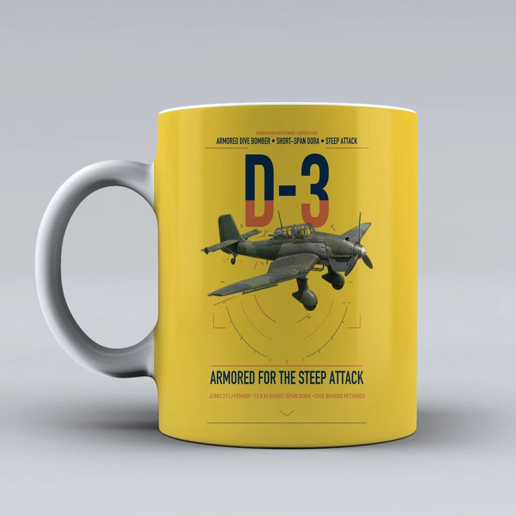 Junkers Ju 87D-3 design on yellow ceramic mug, double-side print