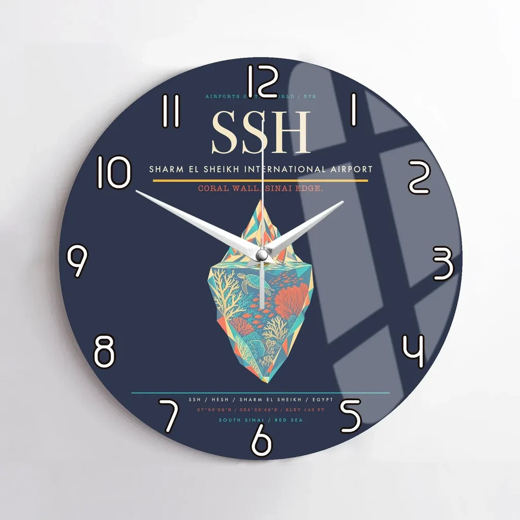 Sharm El Sheikh International Airport (SSH) design on navy blue no frame wall clock