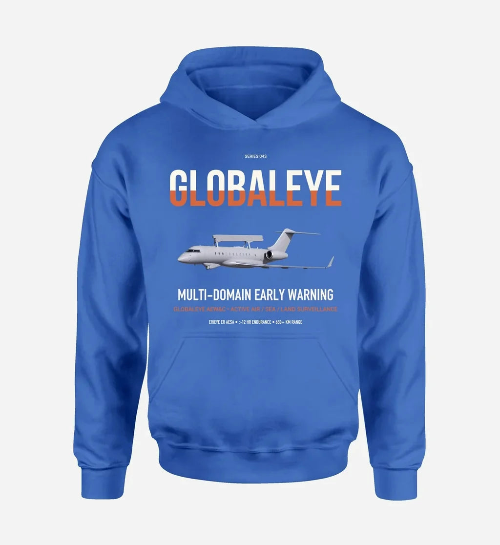 Saab GlobalEye design on blue double-side hoodie, single-side print