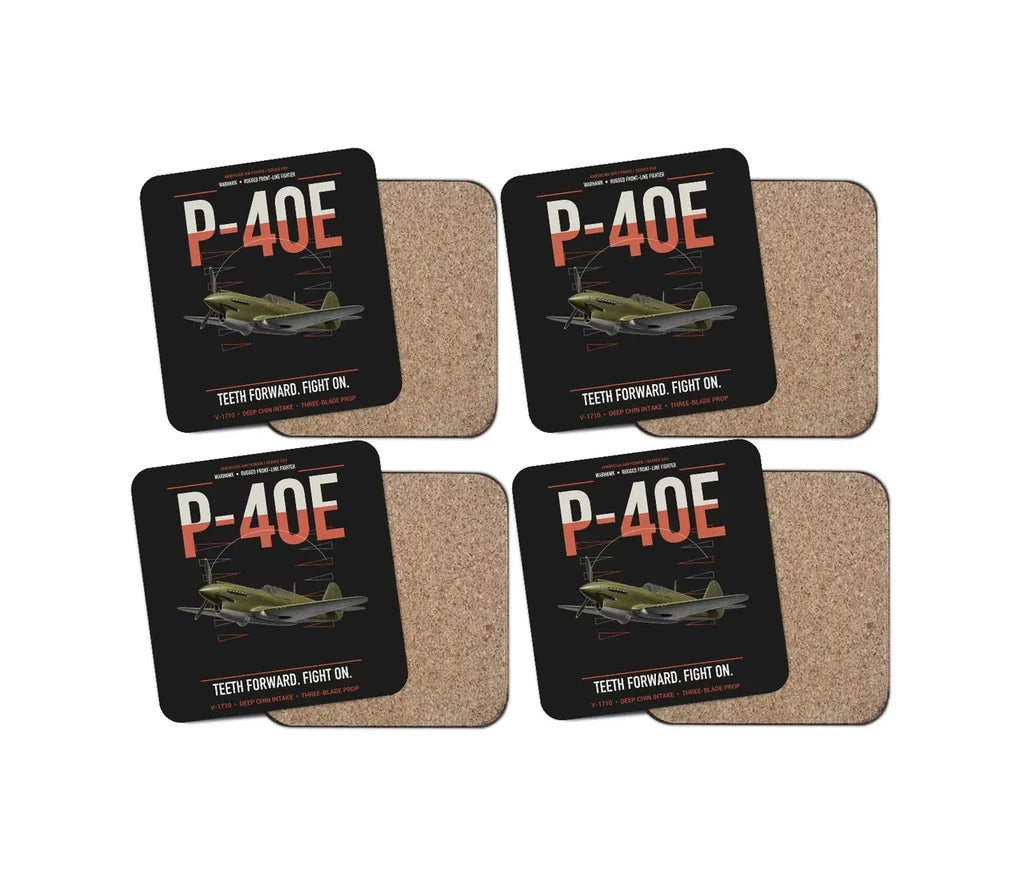 P-40E Warhawk design on black 4 pieces set coaster