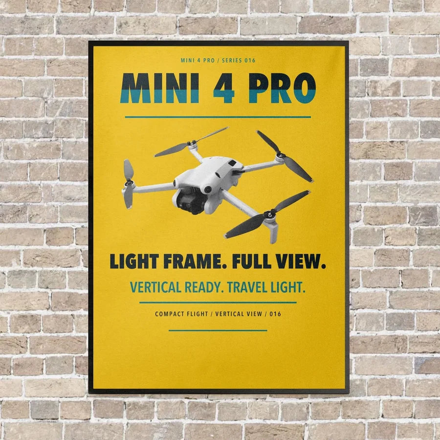 DJI Mini 4 Pro vertical canvas print - framed - yellow background