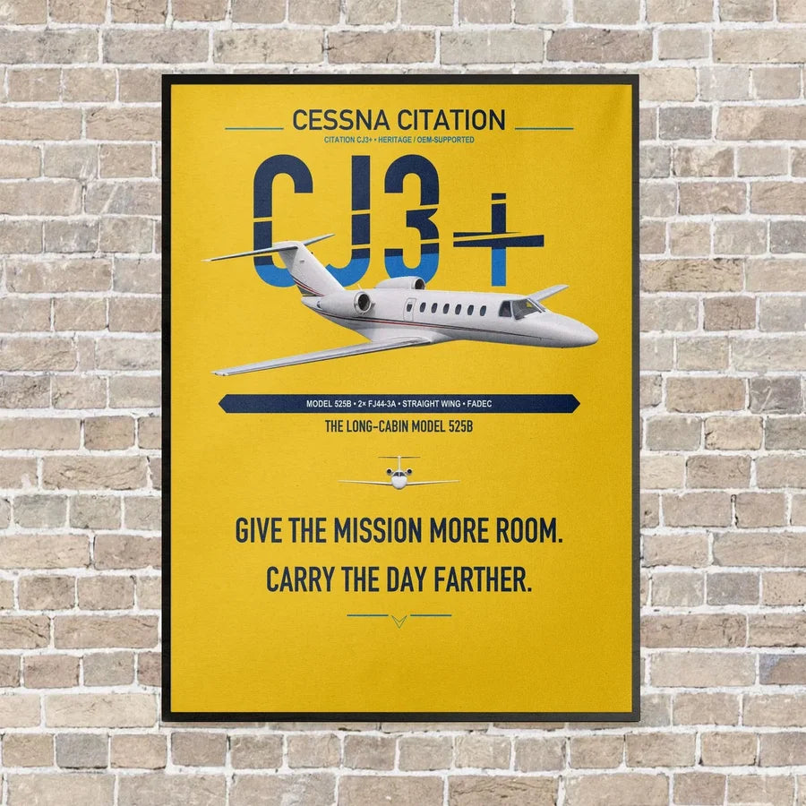 Cessna Citation CJ3+ vertical canvas print - framed - yellow background