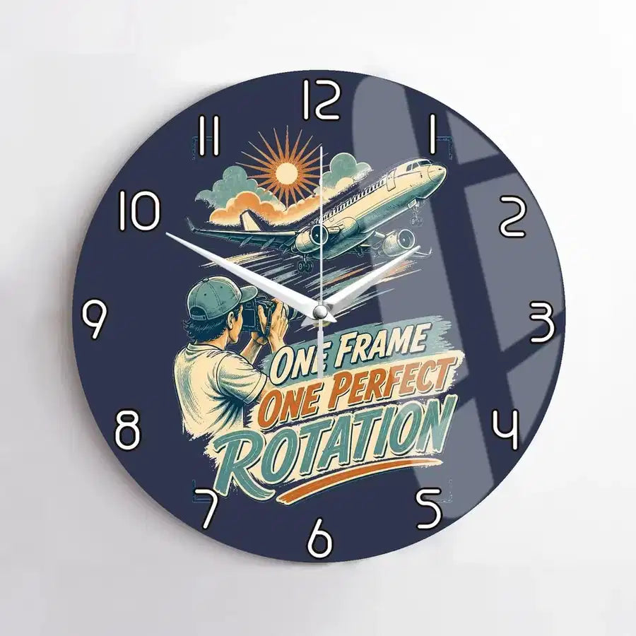 One Frame One Perfect Rotation design on navy blue no frame wall clock