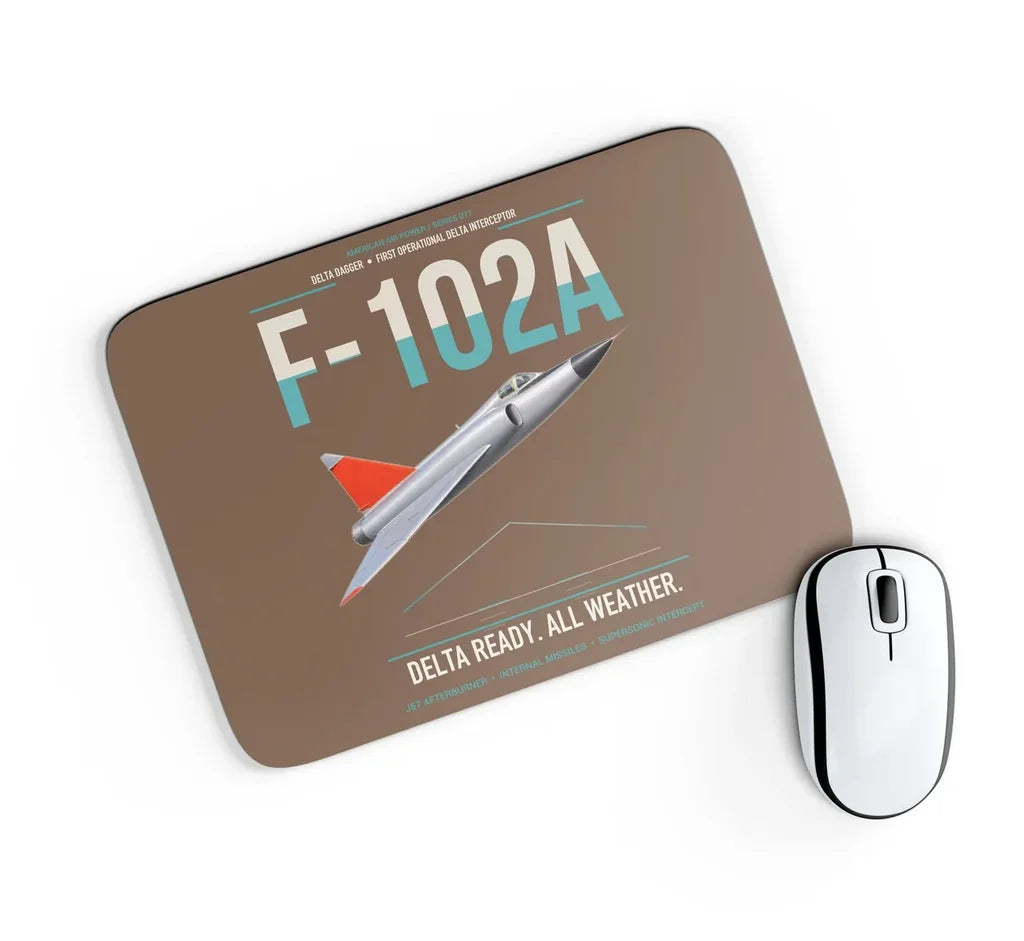 F-102A Delta Dagger design on brown rectangle mouse pad