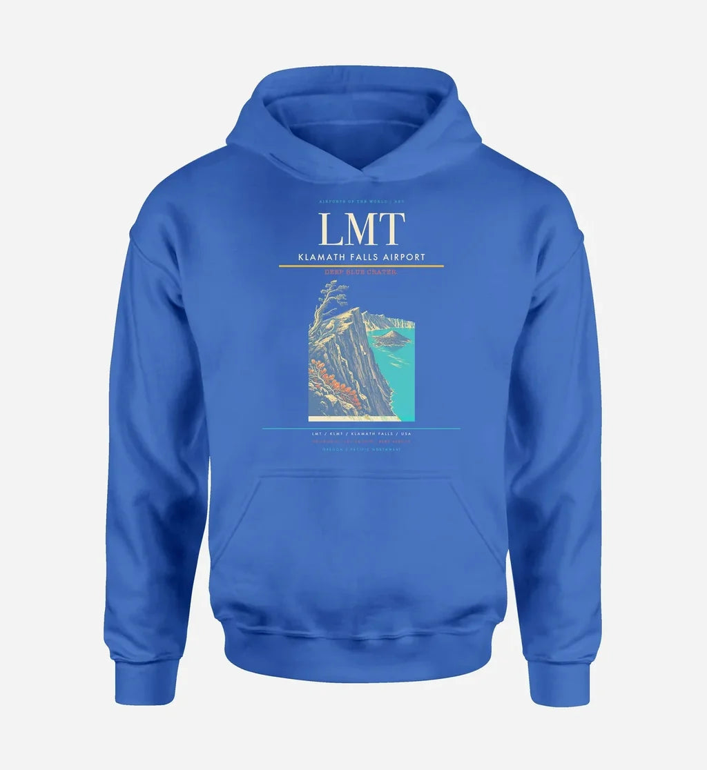 Klamath Falls Airport (LMT) design on blue hoodie single-side print