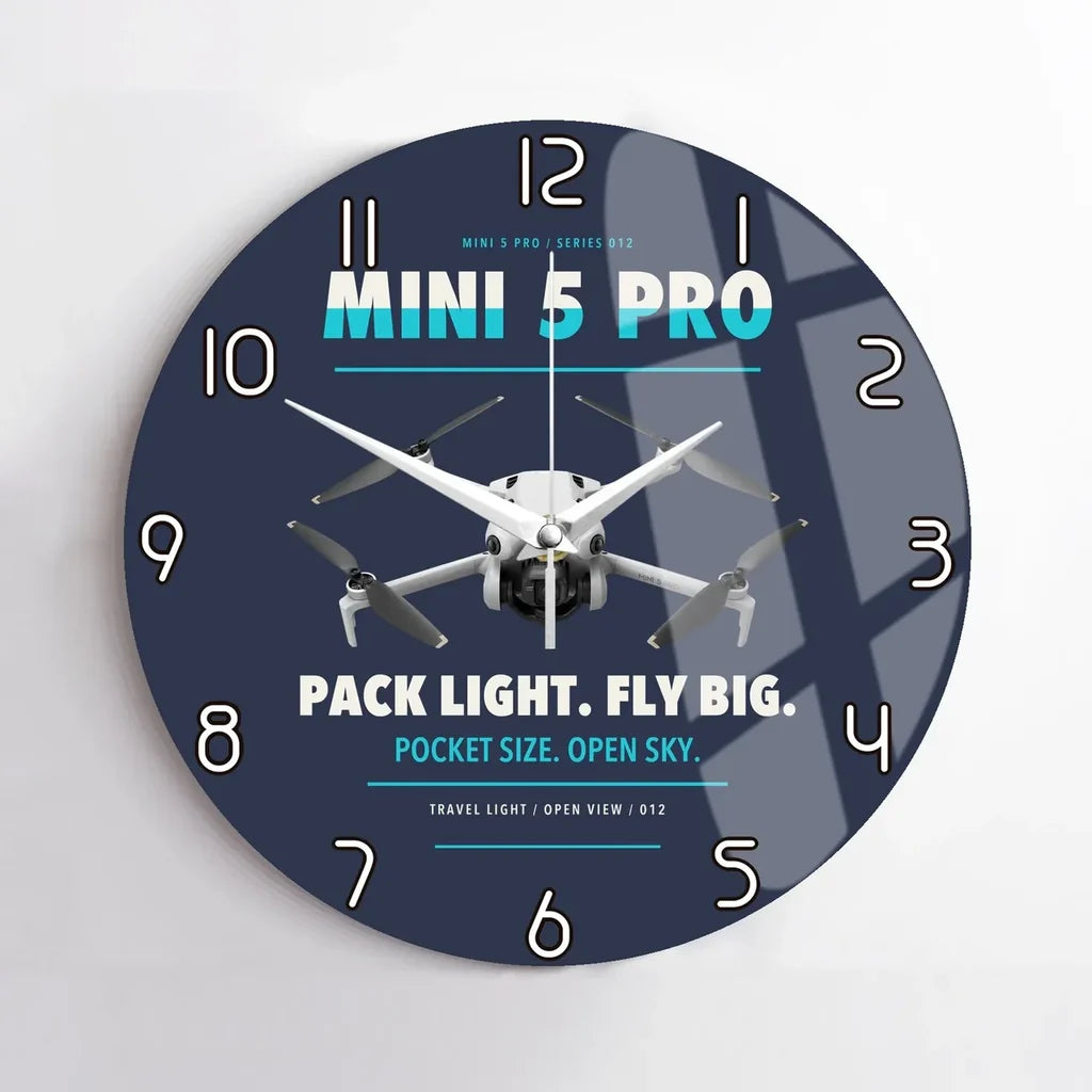 DJI Mini 5 Pro design on navy blue no frame wall clock