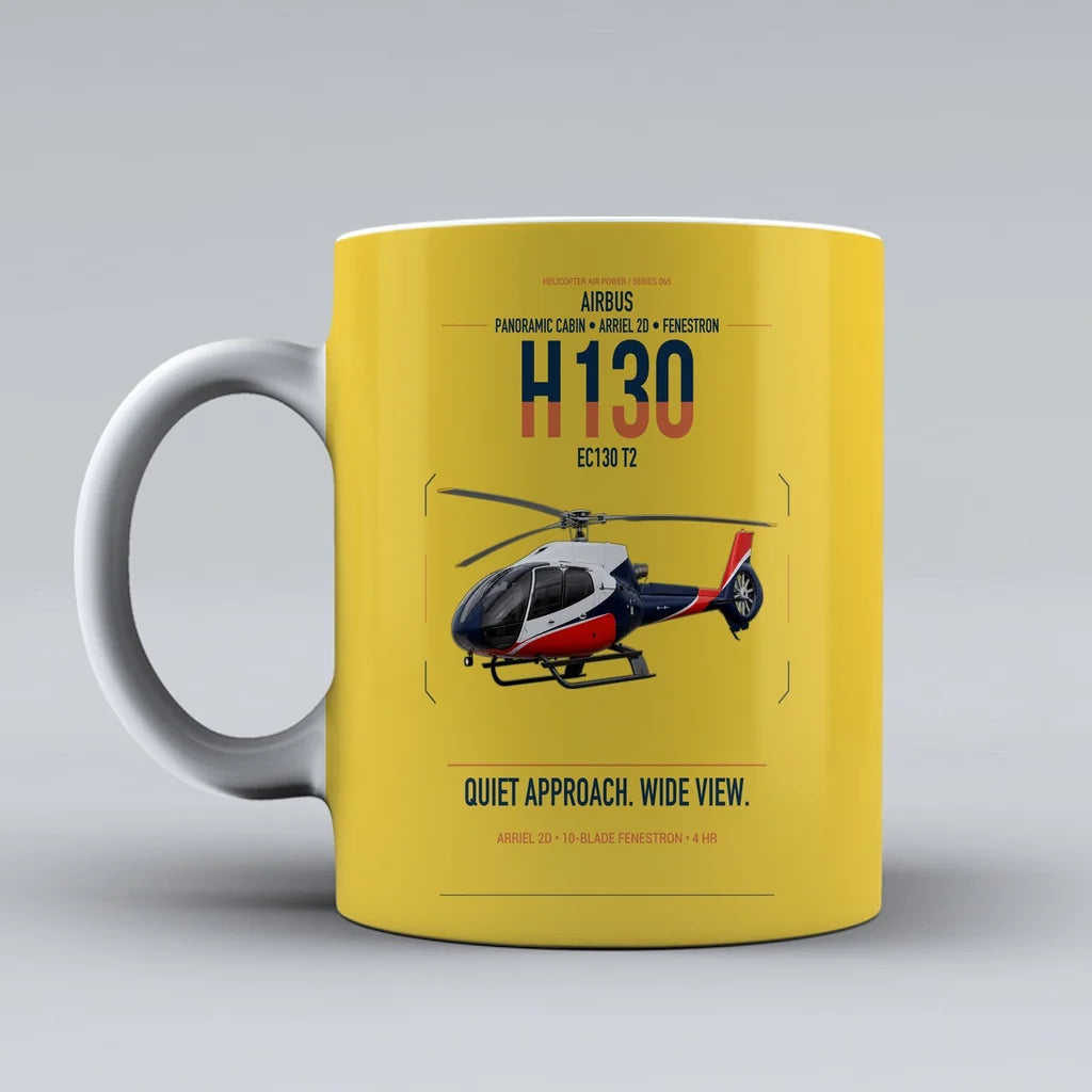 Airbus H130 design on yellow ceramic mug, double-side print