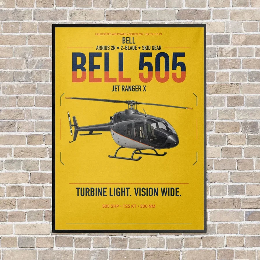 Bell 505 Jet Ranger X vertical canvas print - framed - yellow background