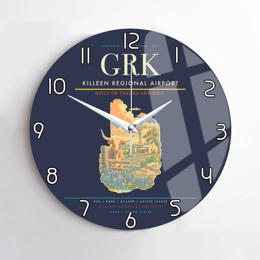 Killeen Regional Airport (GRK) design on navy blue no frame wall clock