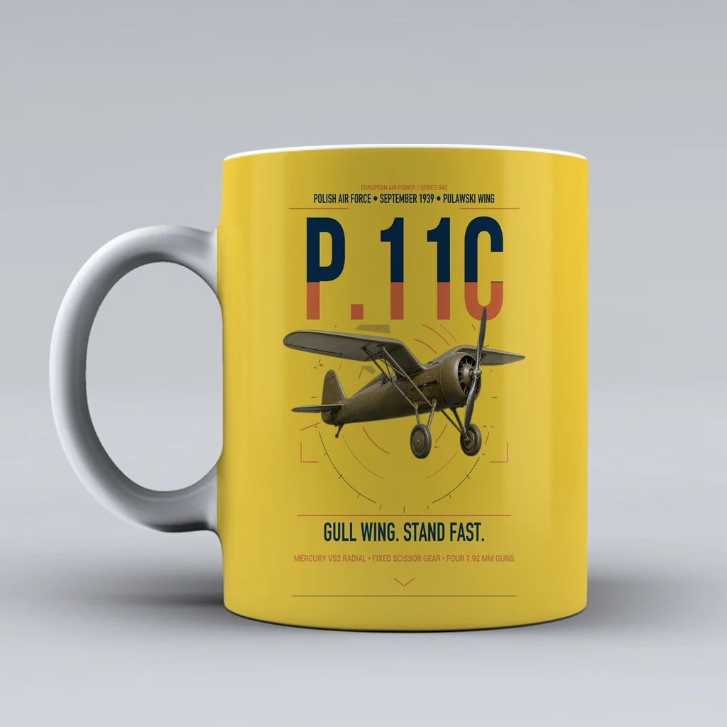 PZL P.11c design on yellow ceramic mug, double-side print