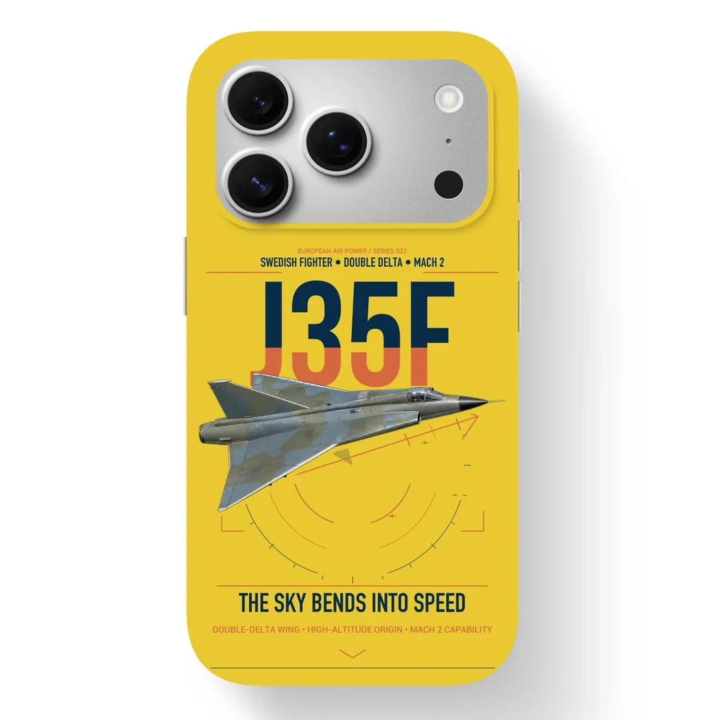 Saab J 35F Draken design on yellow magsafe iphone case, for iPhone 17 Pro