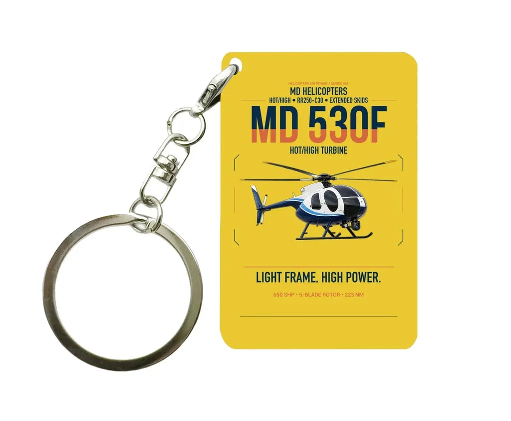 MD Helicopters MD 530F design on yellow designed key chain, double-side print