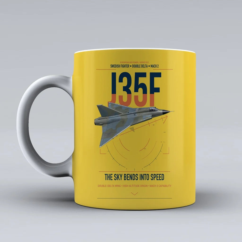 Saab J 35F Draken design on yellow ceramic mug, double-side print