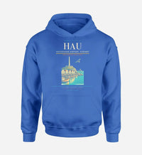 Thumbnail for Haugesund Airport, Karmøy (HAU) design on blue hoodie single-side print