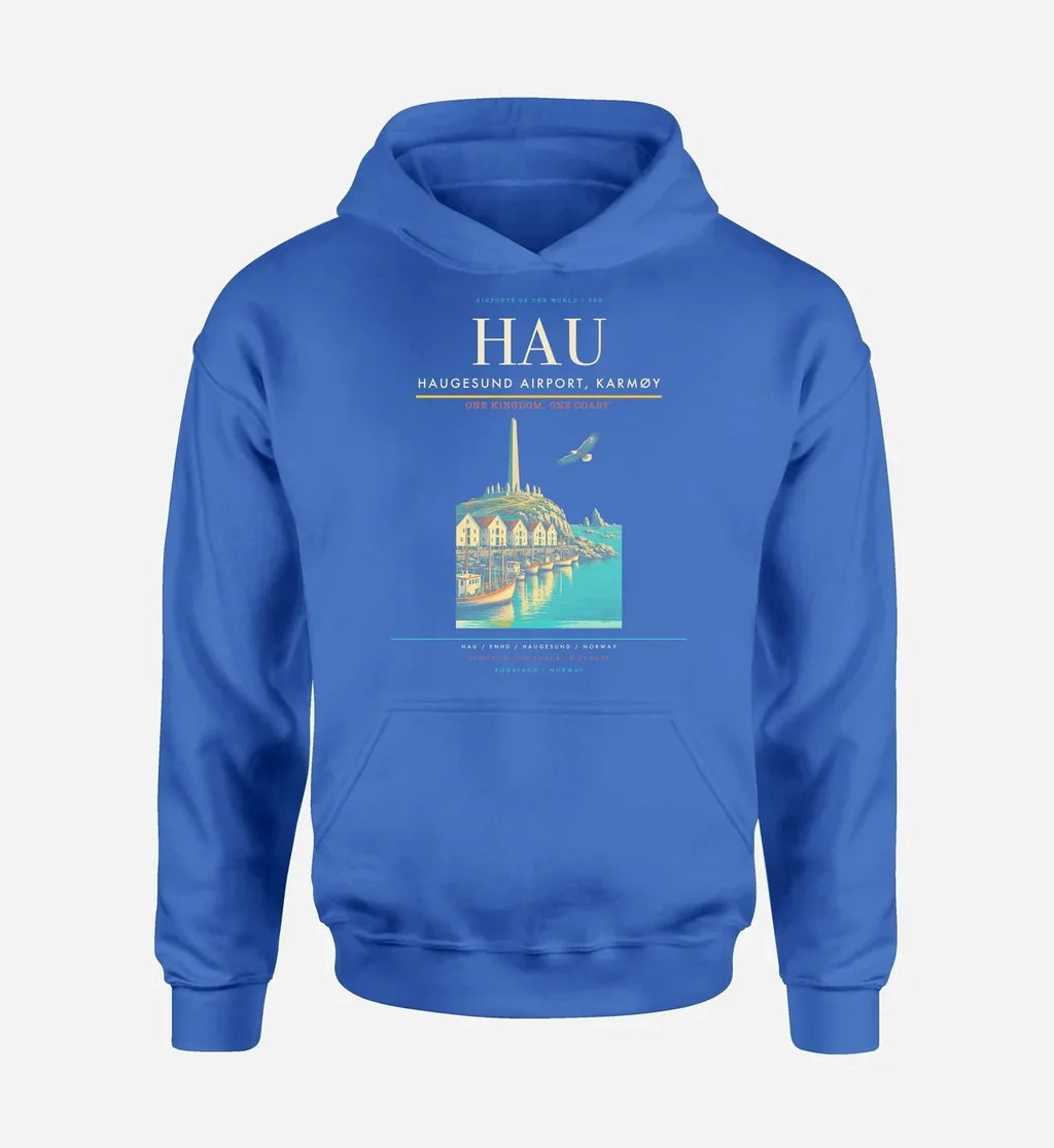 Haugesund Airport, Karmøy (HAU) design on blue hoodie single-side print