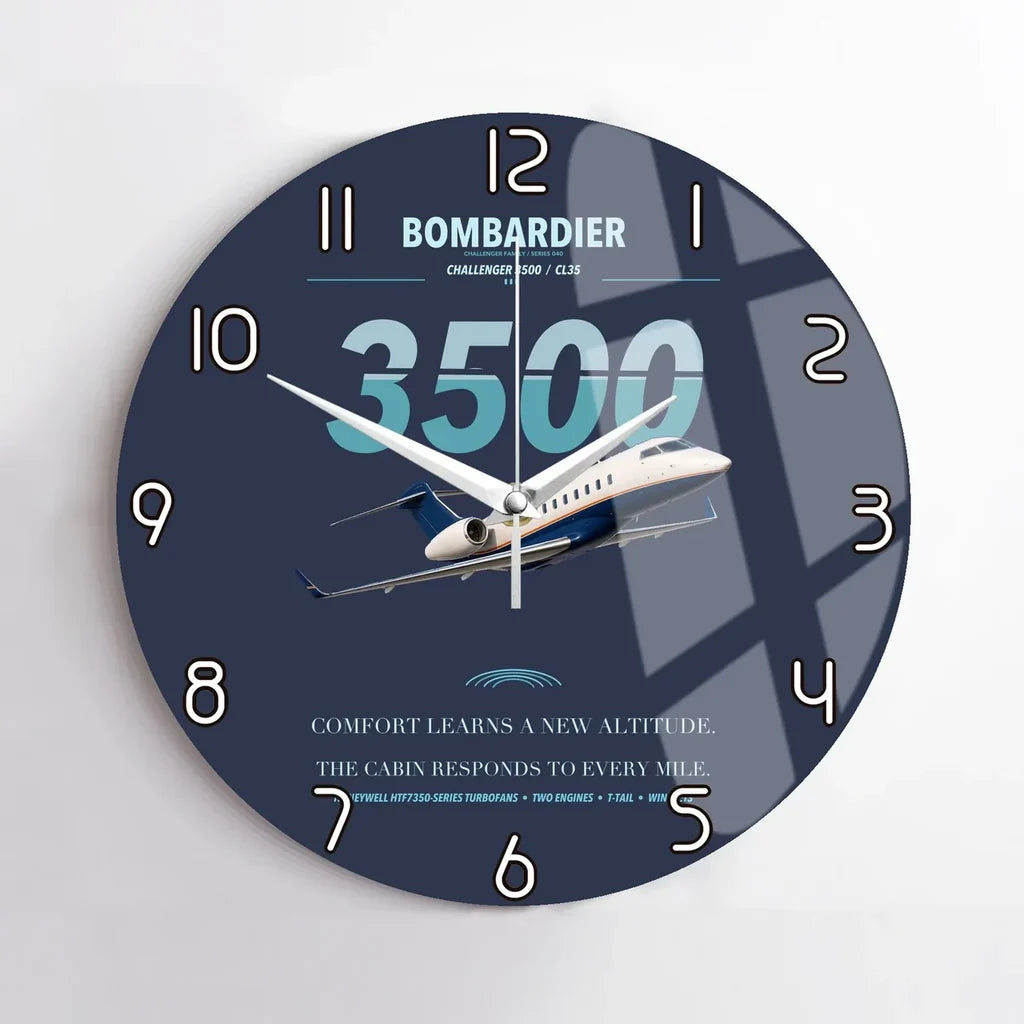 Bombardier Challenger 3500 design on navy blue no frame wall clock