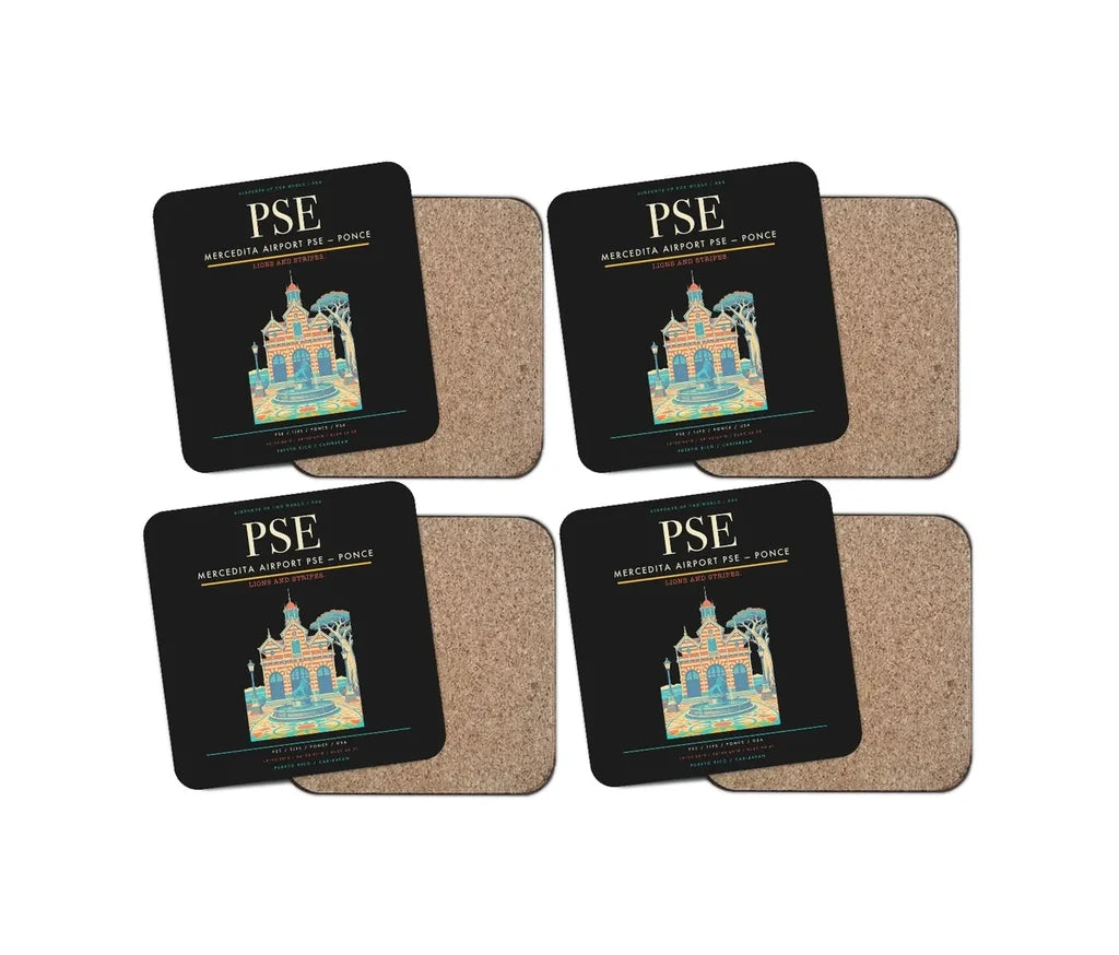 Mercedita Airport (PSE) design on black 4 pieces set coaster