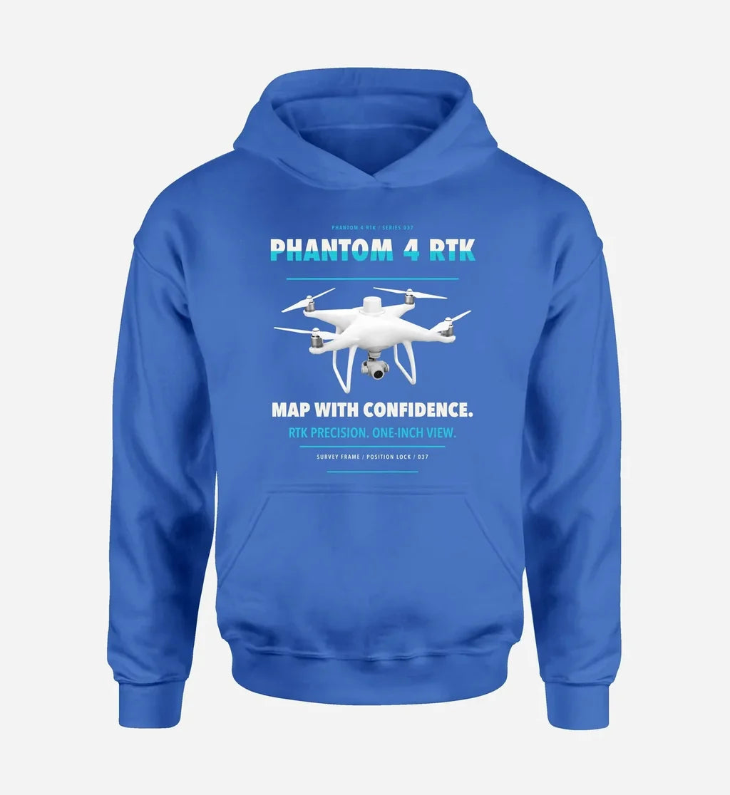 DJI Phantom 4 RTK design on blue hoodie single side