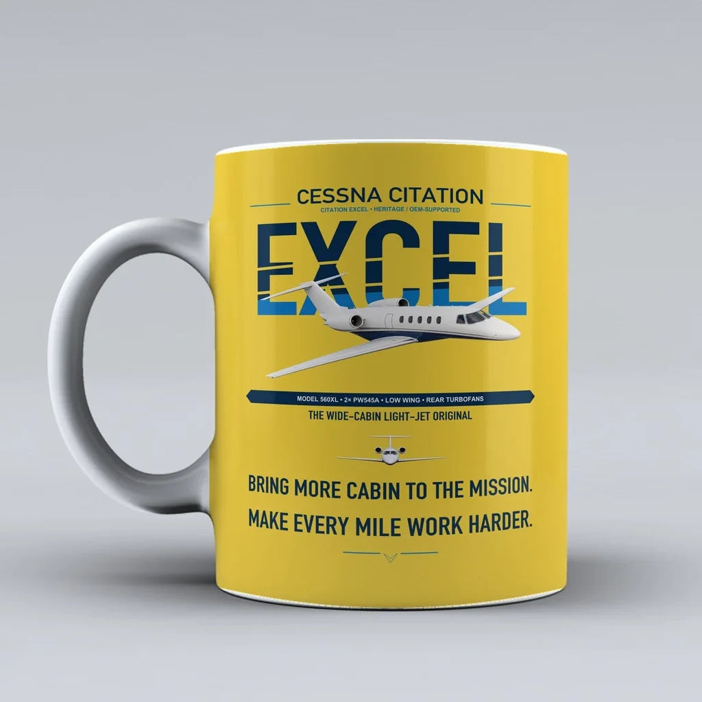 Cessna Citation Excel design on yellow ceramic mug, double-side print