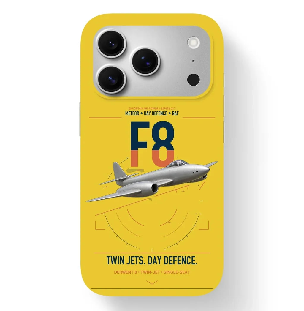 Gloster Meteor F8 design on yellow magsafe iphone case, for iPhone 17 Pro