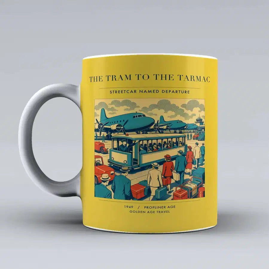 VINTAGE G4372 - The Tram To The Tarmac - Ceramic Mug design on yellow