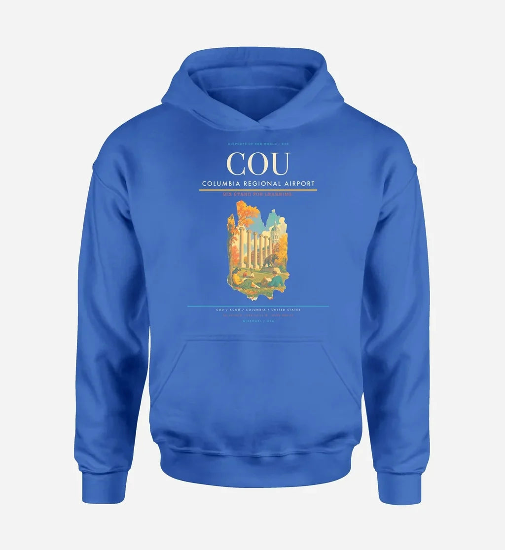 Columbia Regional Airport (COU) design on blue hoodie single-side print