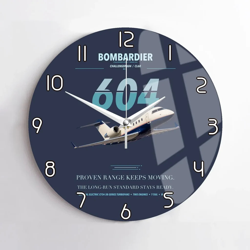 Bombardier Challenger 604 design on navy blue no frame wall clock