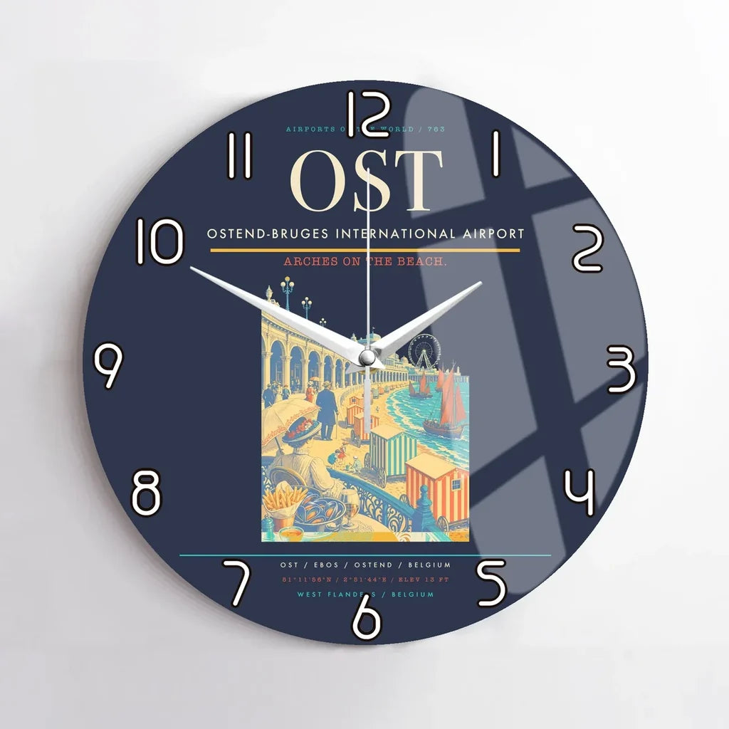 Ostend-Bruges International Airport (OST) design on navy blue no frame wall clock