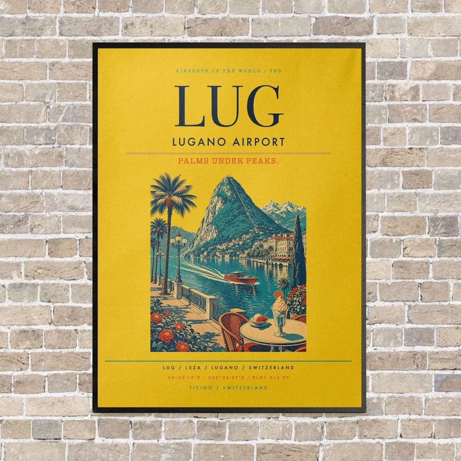 Lugano Airport LUG vertical canvas print - framed - yellow background
