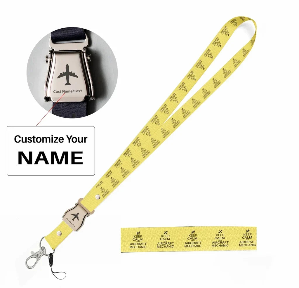 Aircraft Mechanic seat belt lanyard - yellow with name
