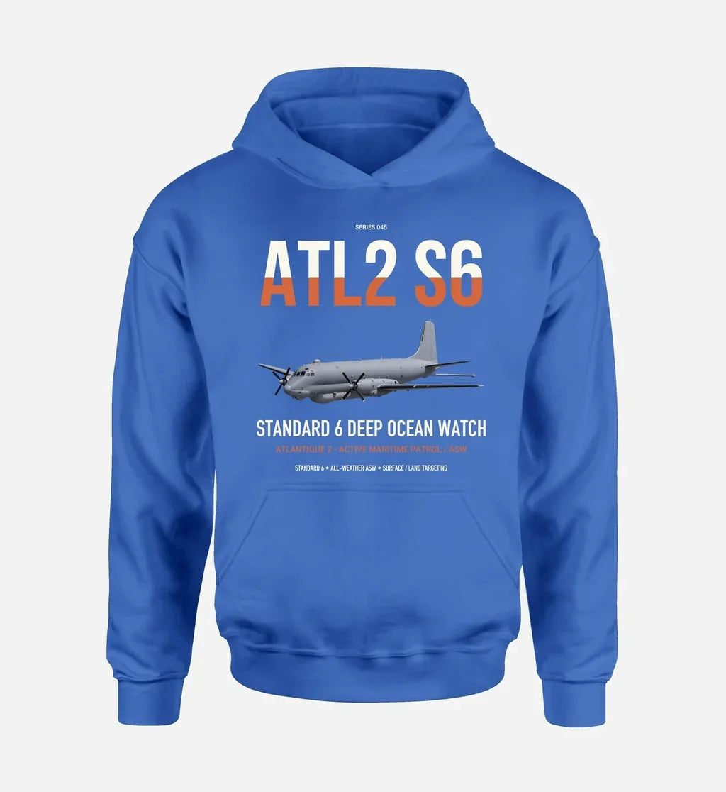Atlantique 2 Standard 6 design on blue double-side hoodie, single-side print