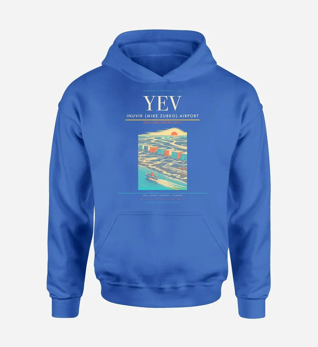 Inuvik (Mike Zubko) Airport (YEV) design on blue hoodie single-side print