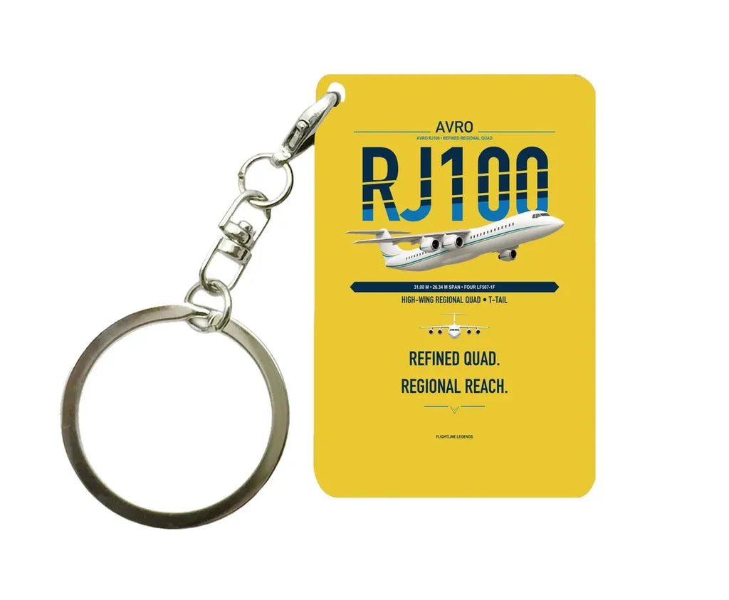 Avro RJ100 design on yellow designed key chain, double-side print