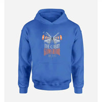 Thumbnail for SIGNAL 629 - The Cabin Glows Before The City design on blue hoodie single side