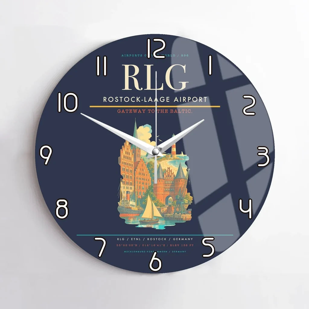 Rostock-Laage Airport (RLG) design on navy blue no frame wall clock