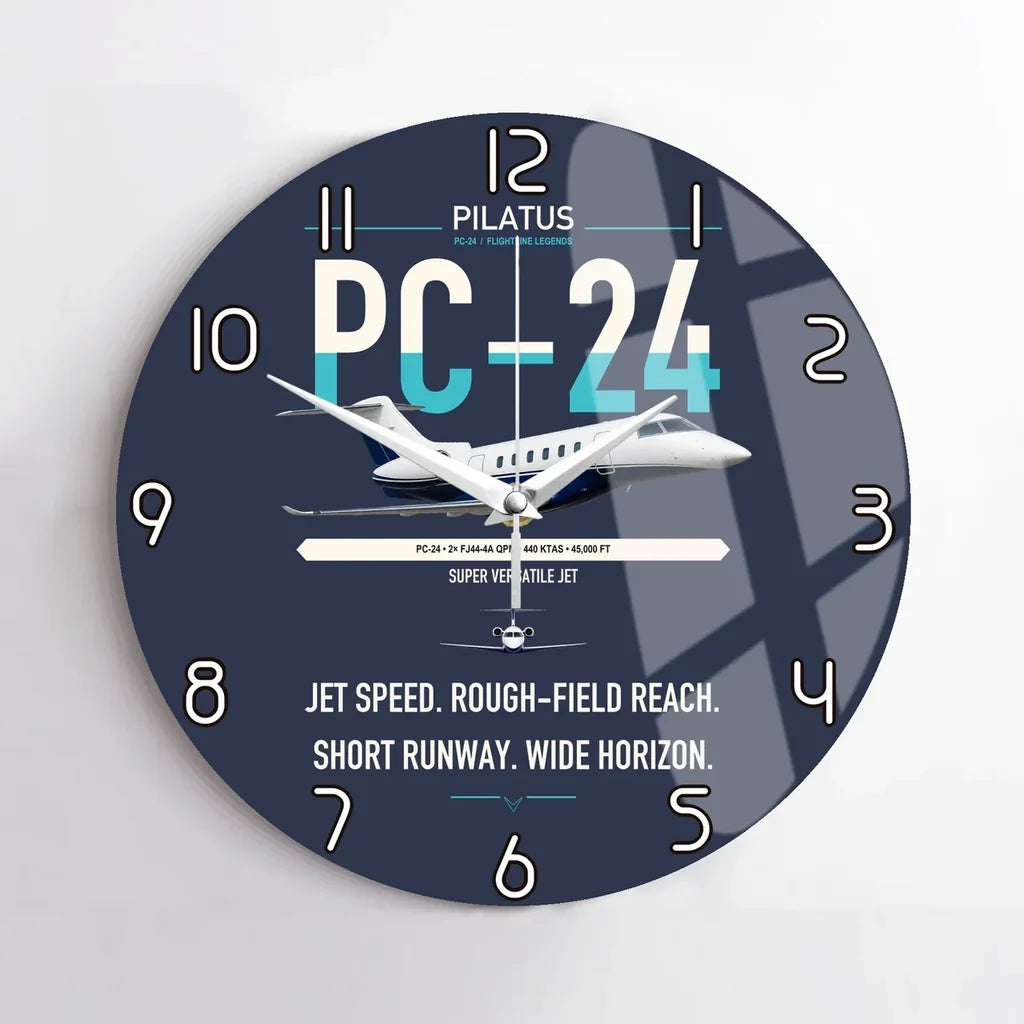 Pilatus PC-24 design on navy blue no frame wall clock