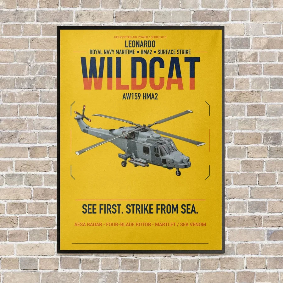 Leonardo AW159 Wildcat HMA2 vertical canvas print - framed - yellow background